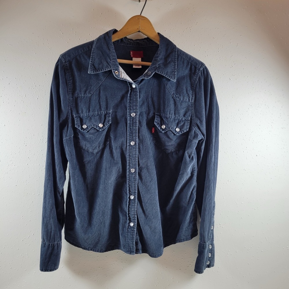 Levi's Corduroy Western Shirt Mens XL Navy Blue Excellent Pearl Snap Long Sleeve